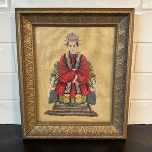 Vtg Handmade Needlepoint Traditional Chinese Female Dressed Framed Art Completed